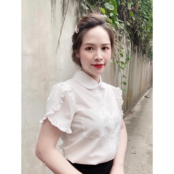 áo sơ mi trắng phong cách hàn quốc trẻ trung tay xếp bèo chất liệu mềm mịn không nhăn nhàu A16