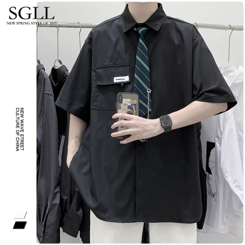 Áo Sơ Mi Trắng Tay Ngắn Phối Cà Vạt Phong Cách Đại Học Xuân Hè Thiết Kế Mới Cho Nam