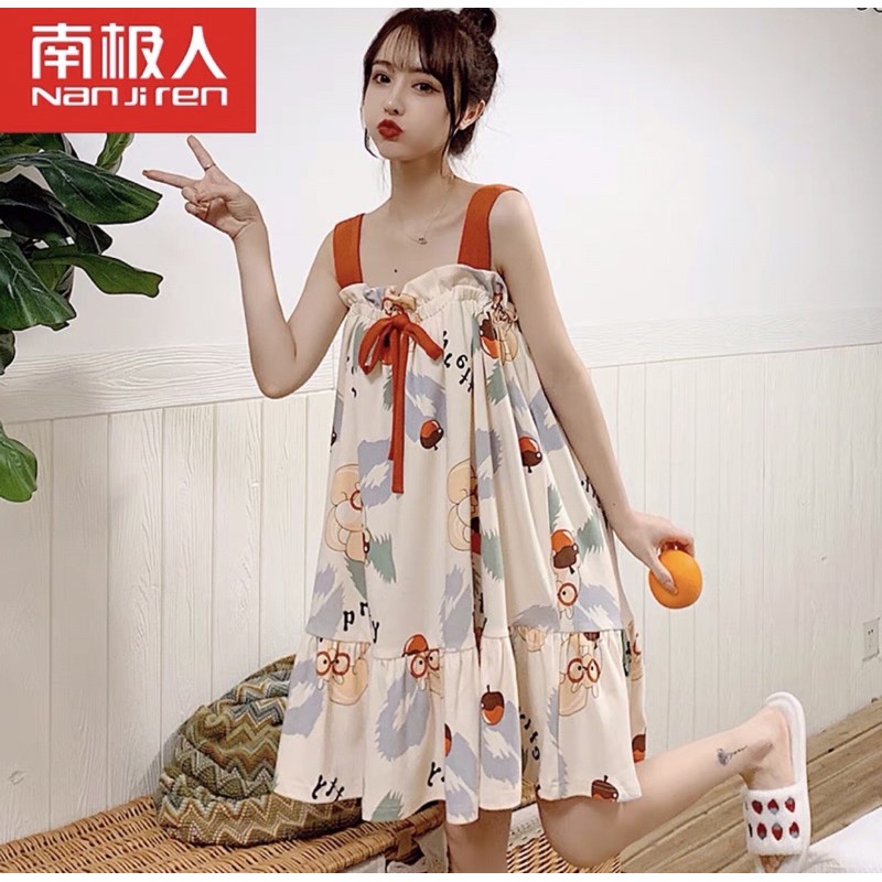 Váy ngủ 2 dây đầm mặc nhà cotton mềm mịn thoáng mát