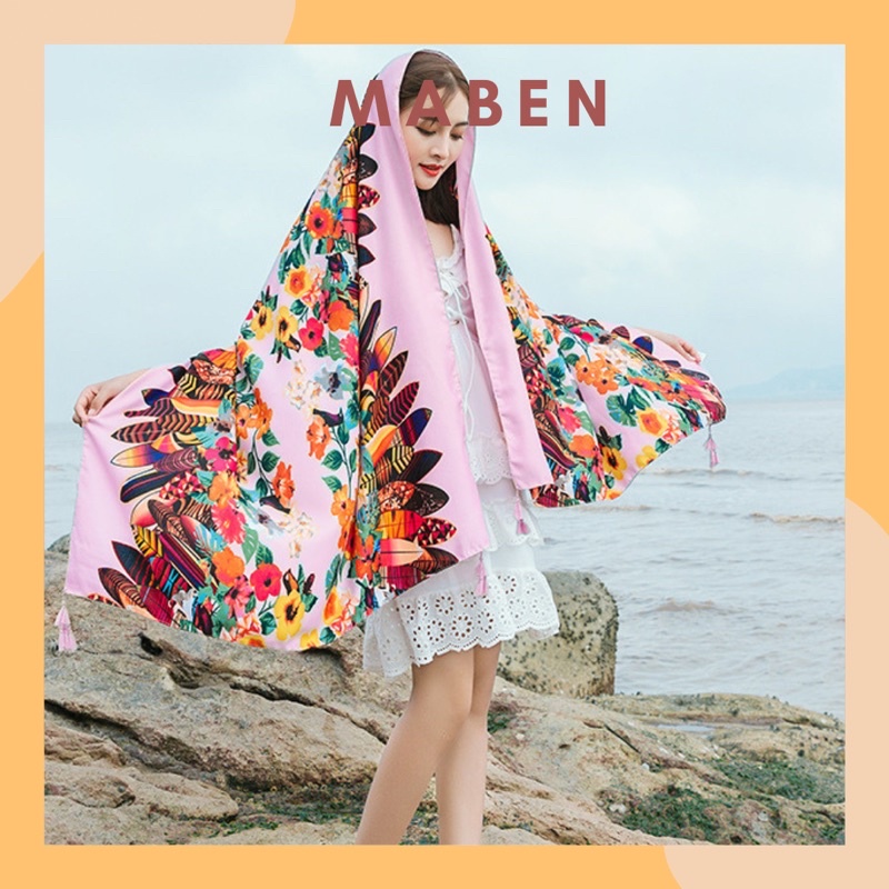 Khăn choàng cổ du lịch in hoa văn lông vũ và hoa size 90x180cm