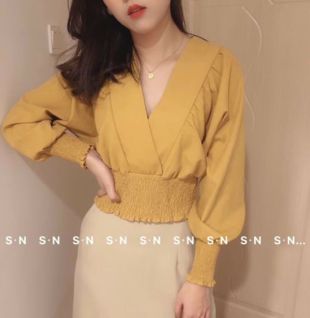 Áo cổ V chun eo hàng Quảng Châu