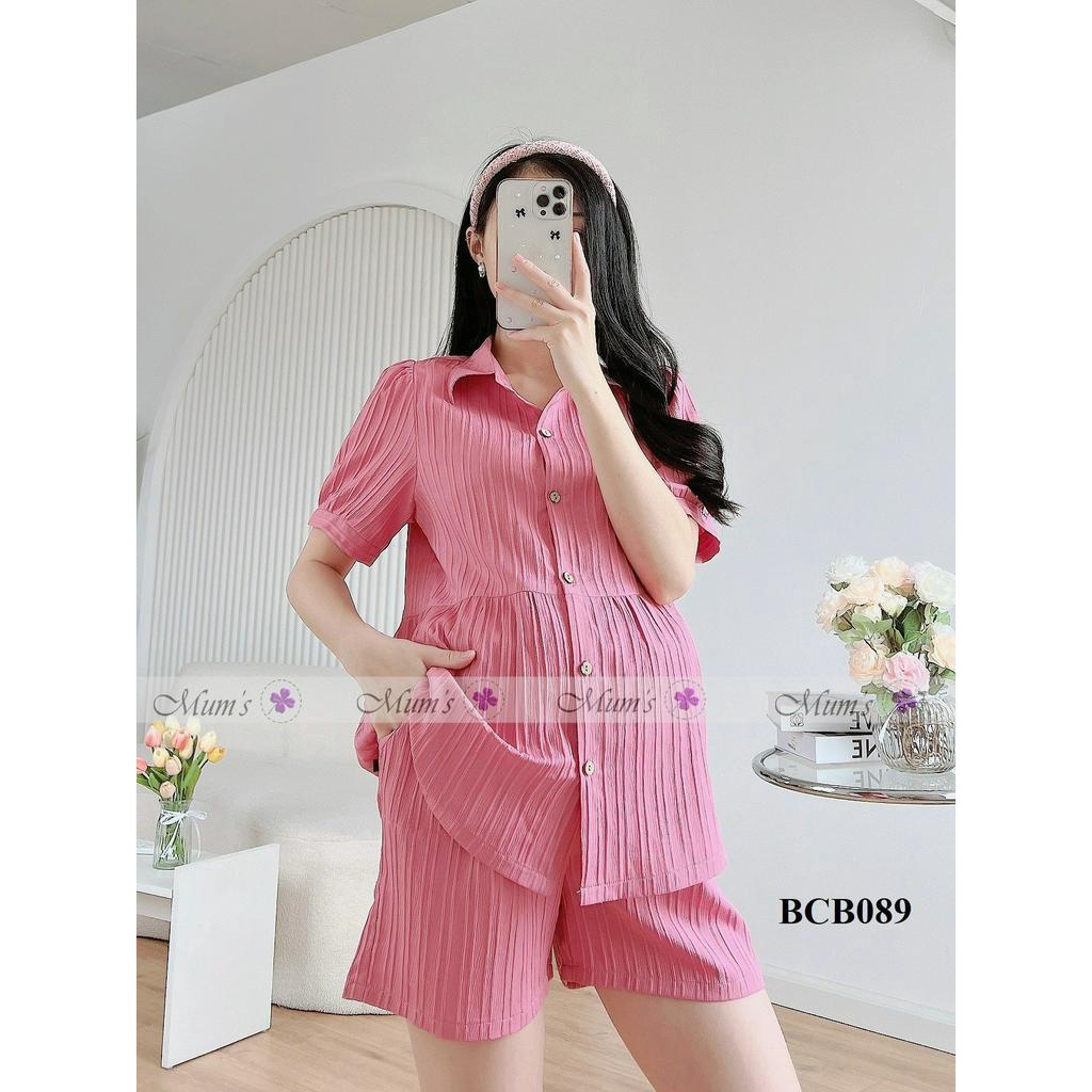 &quot;Đồ bộ mặc bầu và sau sinh FREESHIPBCB089-Bộ gân hồng cổ bẻ