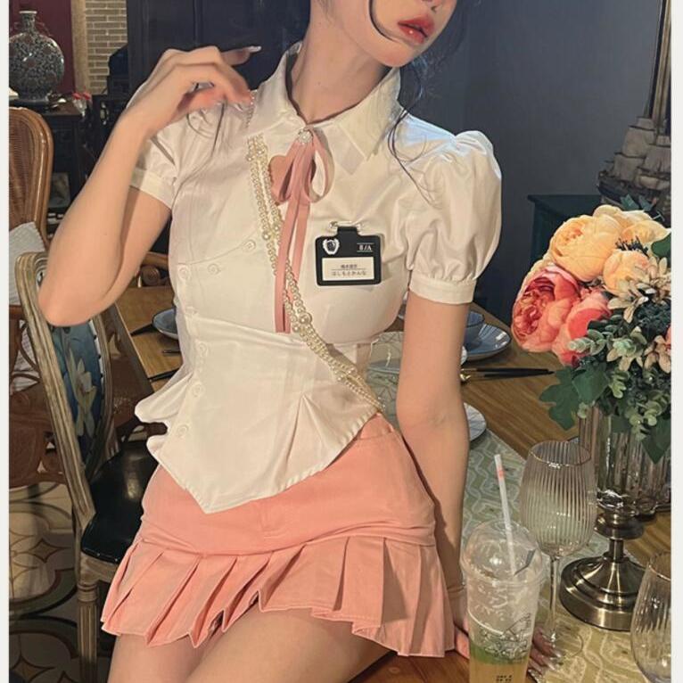 Bộ Áo Tay Phồng + Chân Váy Xếp Ly Lưng Cao Thời Trang Cho Nữ