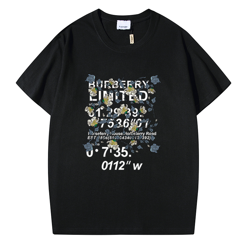 B&urberr new floral English printed LOGO round neck men and women couples cotton short sleeves