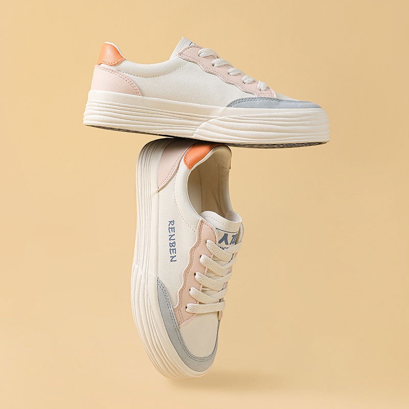 Giày thể thao RENBEN đế bằng thiết kế phối màu phong cách retro đơn giản cho nữ