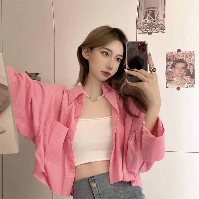 Áo sơ mi ngắn IELGY tay dài màu trơn chống nắng cho nữ