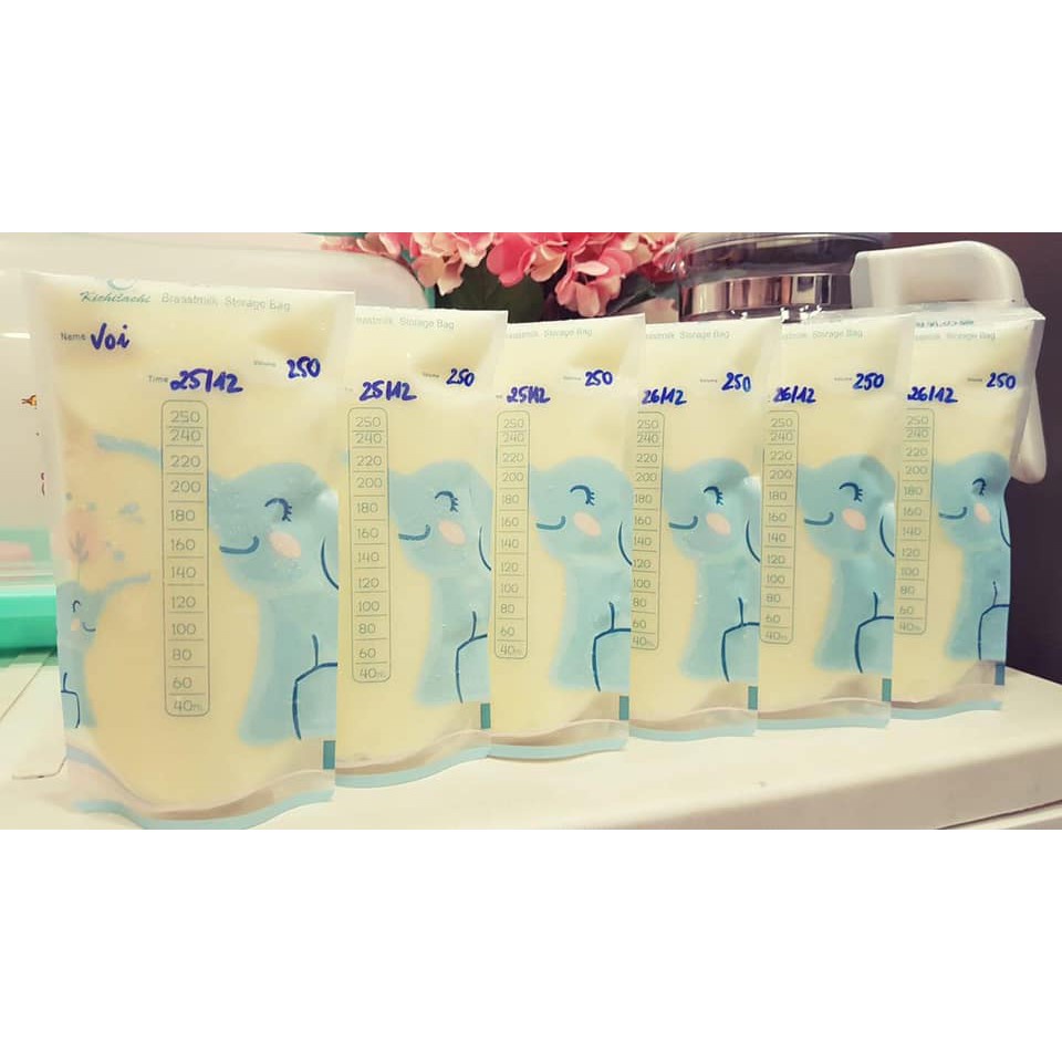 (Tặng kèm 01 bút dấu) Hộp 50 túi trữ sữa Kichi dung tích 250ml họa tiết Voi con đáng yêu