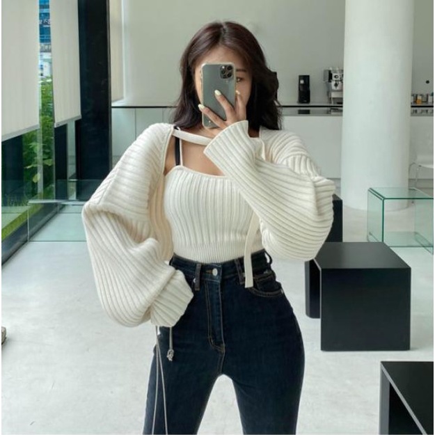 Set áo hai dây + áo khoác cardigan phong cách retro Hàn Quốc sành điệu cho nữ Xiaozhainv | BigBuy360 - bigbuy360.vn