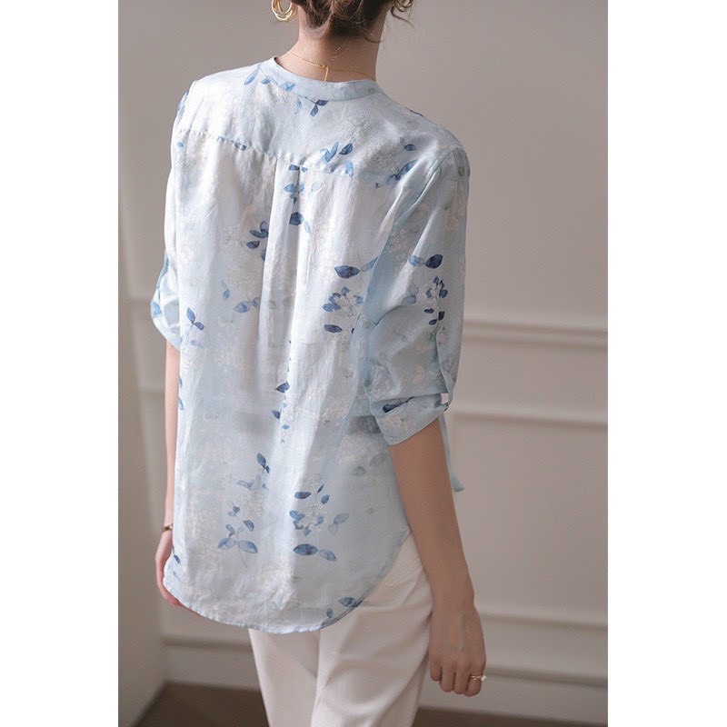 SM45 - SƠ MI HOA XANH CỔ TRỤ CHO NỮ | BigBuy360 - bigbuy360.vn