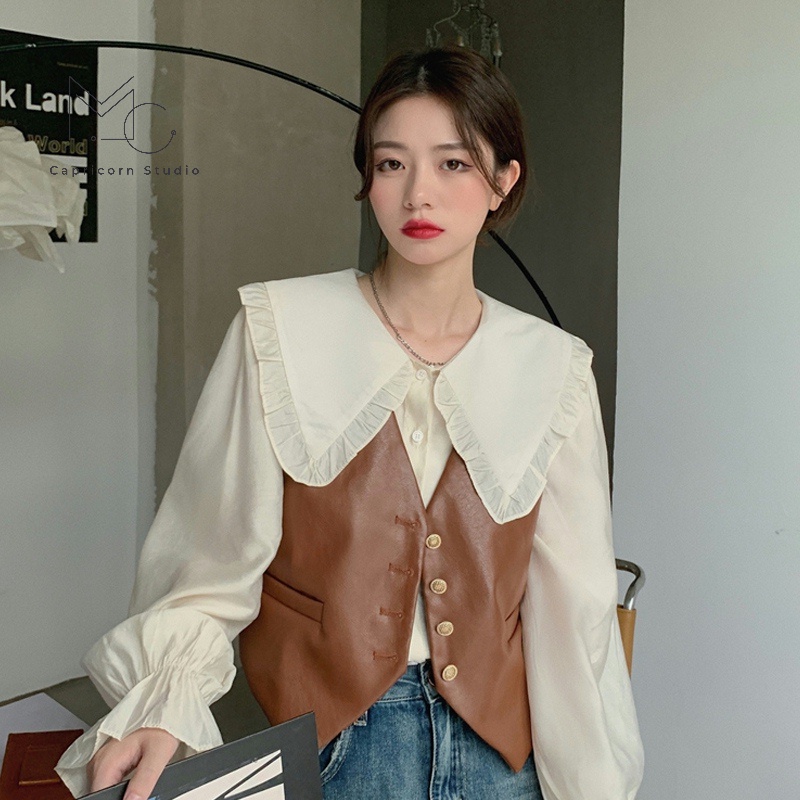 Set áo sơ mi dài tay và áo gile da phong cách búp bê ngọt ngào Hàn Quốc Ulzzang