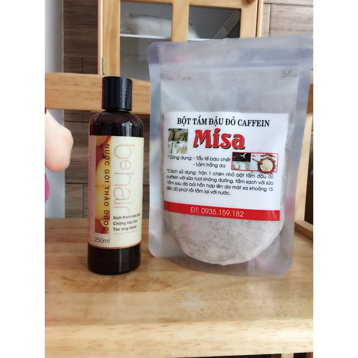 Nước gội thảo dược Trị rụng tóc Behair + bột tắm đậu đỏ cafein