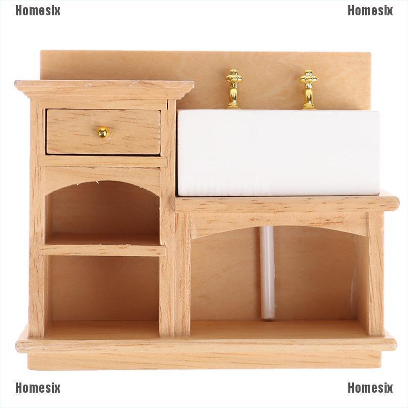 [HoMSI] 1/12 Miniature Wooden Wash Basin Cabinet with Ceramic Hand Sink for Dollhouse SUU