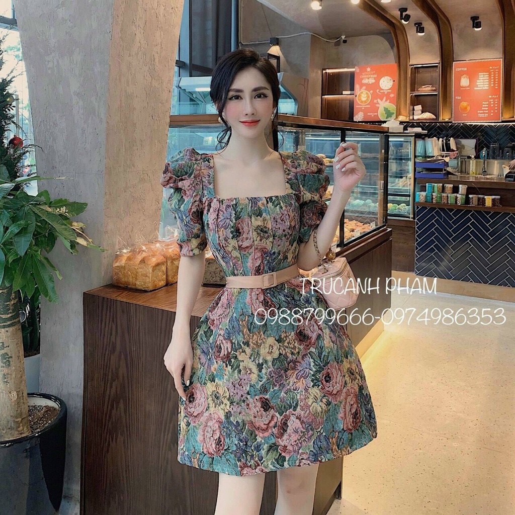 đầm bông ngắn quảng châu cổ vuông ngắn tay