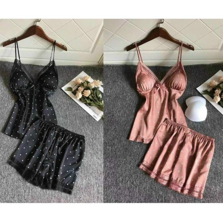Bộ ngủ Lụa Cao Cấp Hoạ Tiết Chấm Bi..
