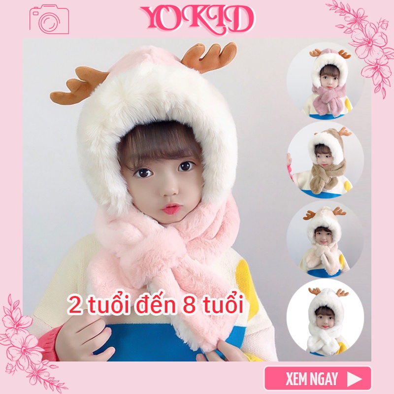 Mũ len cho bé gái bé trai chùm đầu kèm khăn dễ thương mùa đông cực ấm có hai sừng hươu - ML2