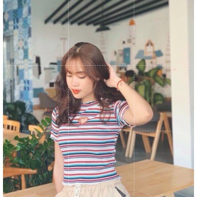 siêu phẩm các màu áo sọc màu cut out tim viền biên siêu cute