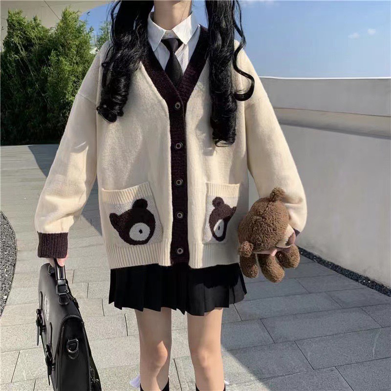áo khoác cardigan len nữ SUTANO phối viền túi hình con gấu hàng cao cấp QCCC phong cách hàn quốc A52