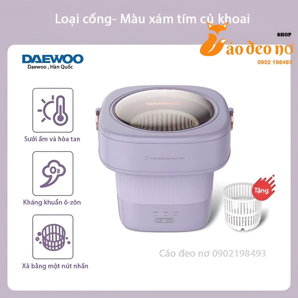 Máy Giặt Mini Gấp Gọn Daewoo Kèm Lồng Vắt & HDSD Tiếng Việt - Giặt Nước Nóng, Khử Khuẩn UV -  Cáo Đeo Nơ