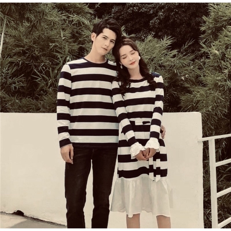 Áo váy thun đôi kẻ sọc tay dài kín đáo