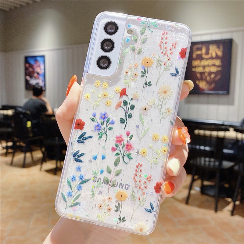 Ốp điện thoại mềm trong suốt chống sốc họa tiết hoa lấp lánh cho Samsung S22 A21s A71 A51 A70 A50s A30s S20FE