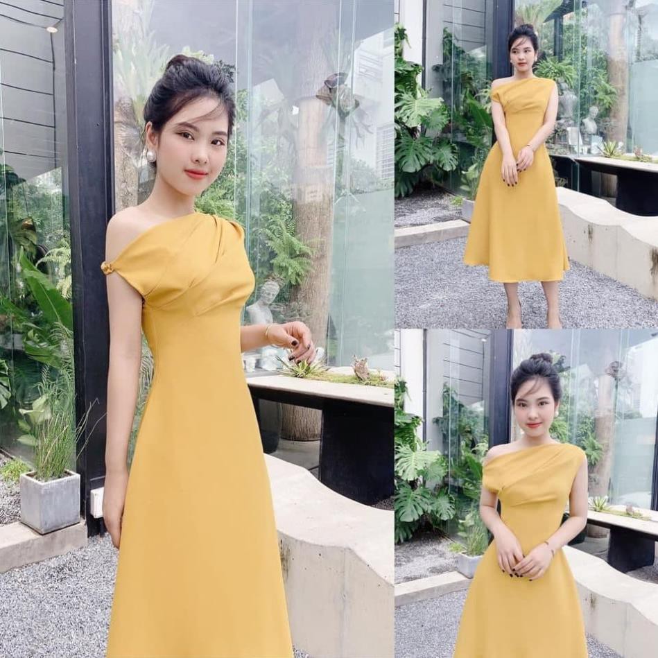 [VÁY ĐI TIỆC CƯỚI CAO CẤP] Đầm vàng lệch vai thiết kế xếp ly độc đáo sang lạ | BigBuy360 - bigbuy360.vn