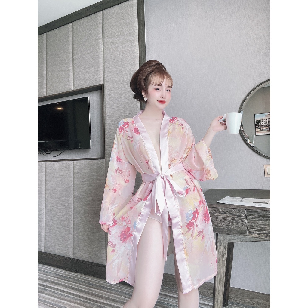 Áo Choàng Ngủ, Set Áo Choàng Kèm Quần Vải Satin Phối Voan Chất Siêu Mát Dáng Siêu Xinh