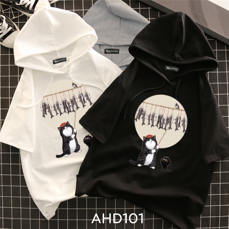 ⚡️ FreeShip 50k ⚡️ AHD101 Áo thun teen nam nữ HOODIE TAY LỠ CÓ NÓN hình mèo hoàng thượng