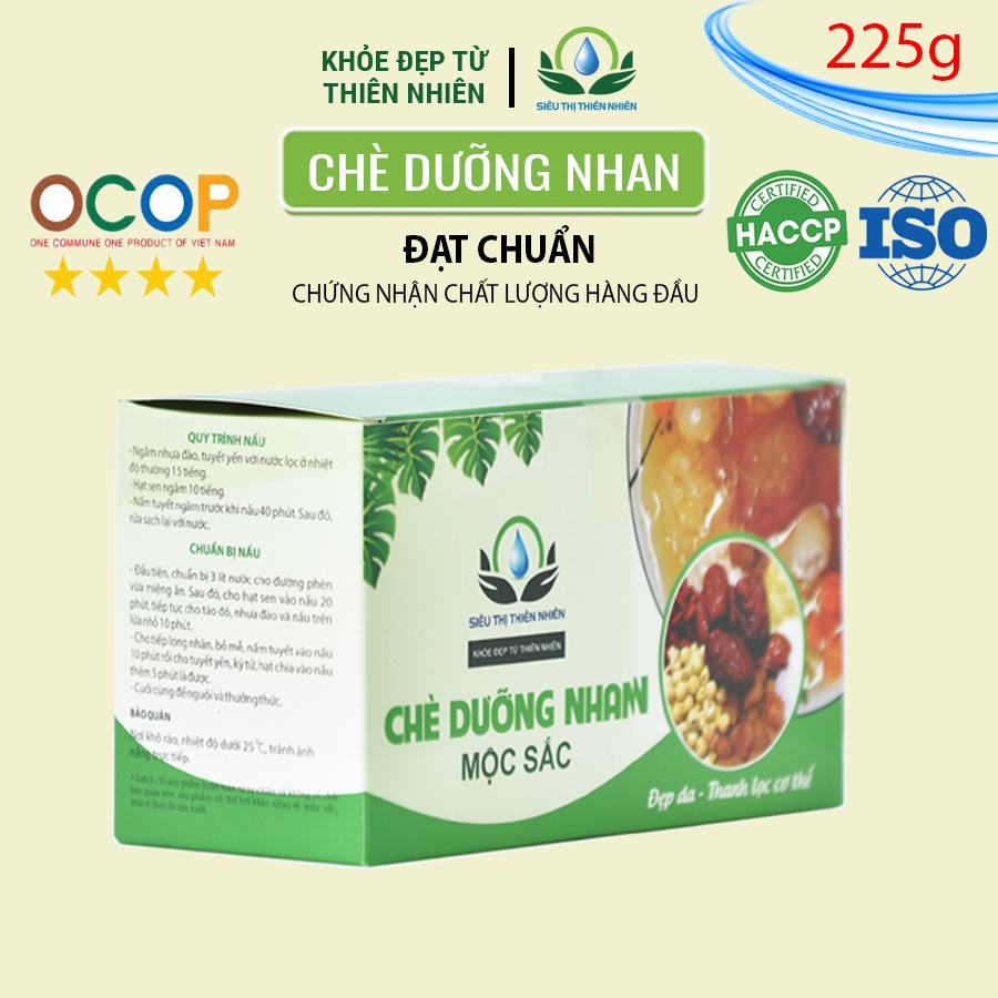 Chè dưỡng nhan Mộc Sắc gồm các vị nguyên liệu: tuyết yến, nhựa đào, long nhãn, táo đỏ, kỷ tử, nấm tuyết, hạt chia