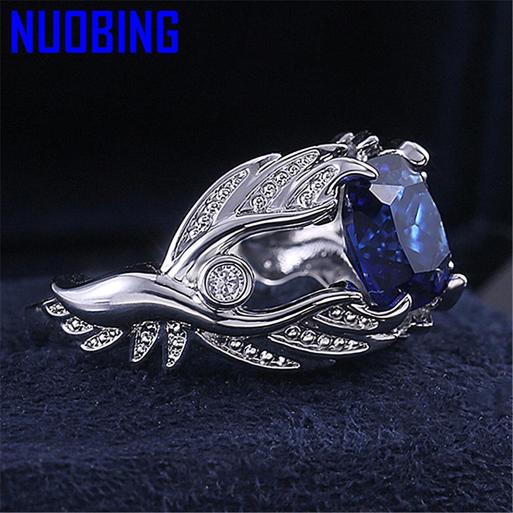 Fashion Angel Wings Blue Crystal Sapphire Gemstones Diamonds Rings For Women Men White Gold Silver Color Jewelry Bague Accessory|Rings|