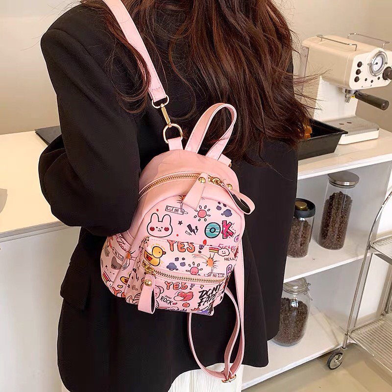 Ba lô mini nữ Linhstore  chất liệu da PU in họa tiết hoạt hình xinh xắn