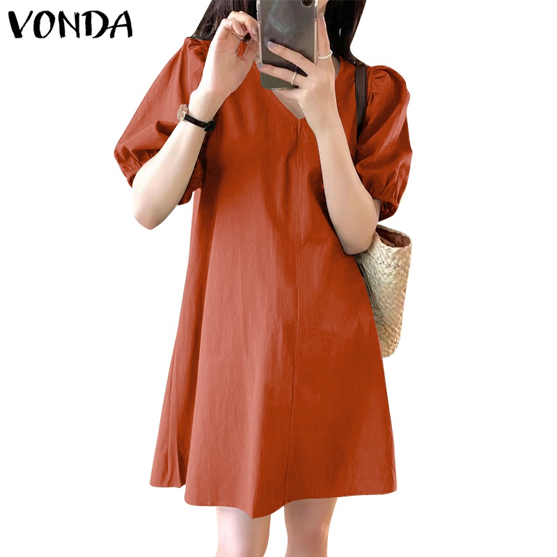 Đầm VONDA tay ngắn cổ chữ V màu trơn phong cách Hàn Quốc thời trang mùa hè xinh xắn cho nữ