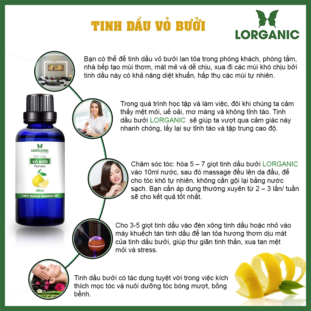 Tinh dầu vỏ bưởi nguyên chất Lorganic Pomelo 100% Natural Essential Oil 10ml, 50ml