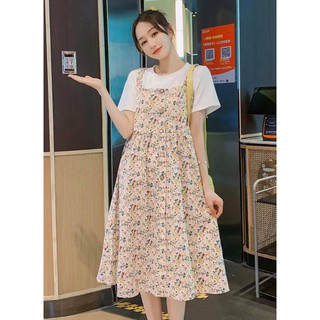 Váy hoa nhí cặp 2 dây to Freesize Váy bầu Đầm suông Vàng