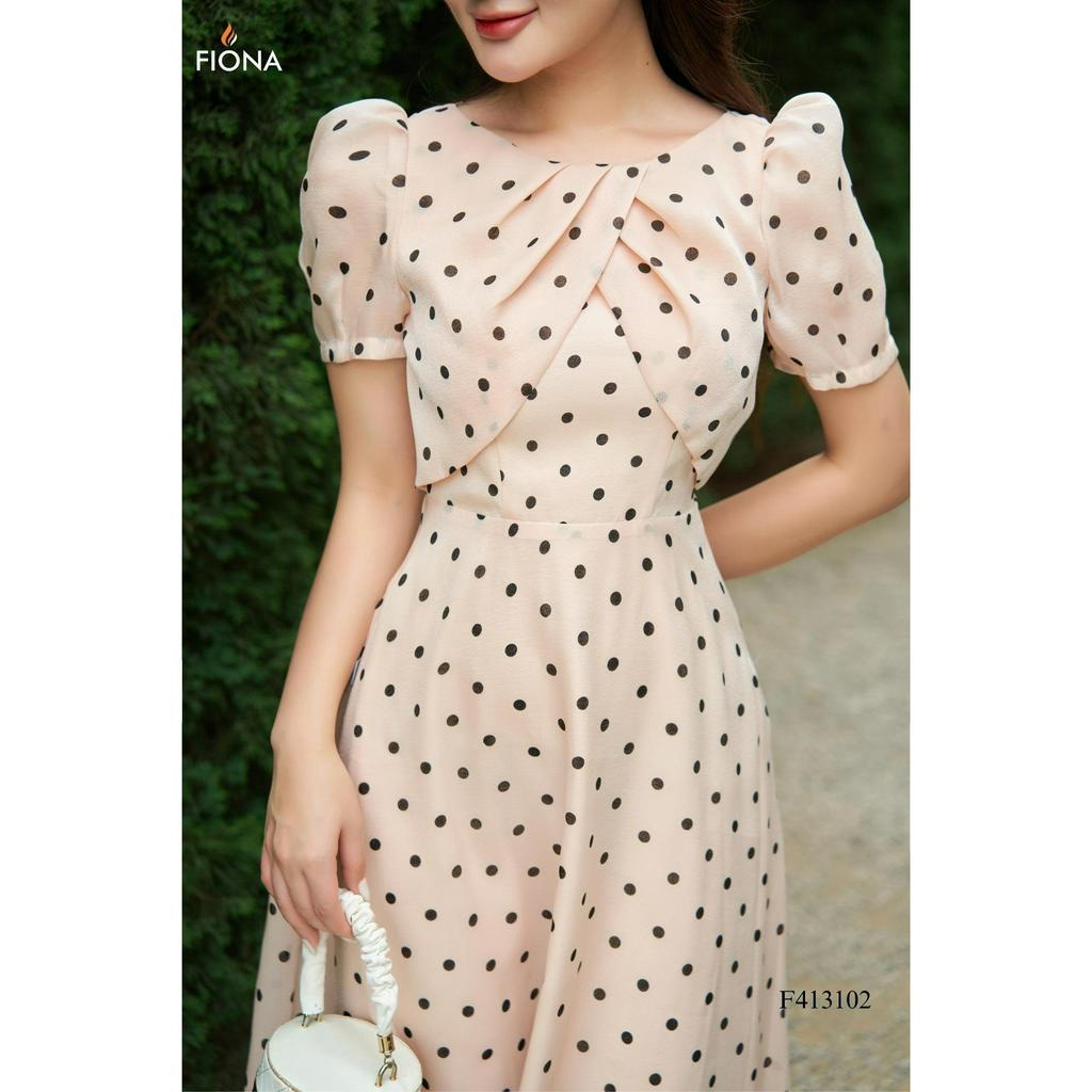 Đầm thiết kế cao cấp FIONA váy công sở nữ dáng dài họa tiết chấm bi cổ tròn trẻ trung F413102