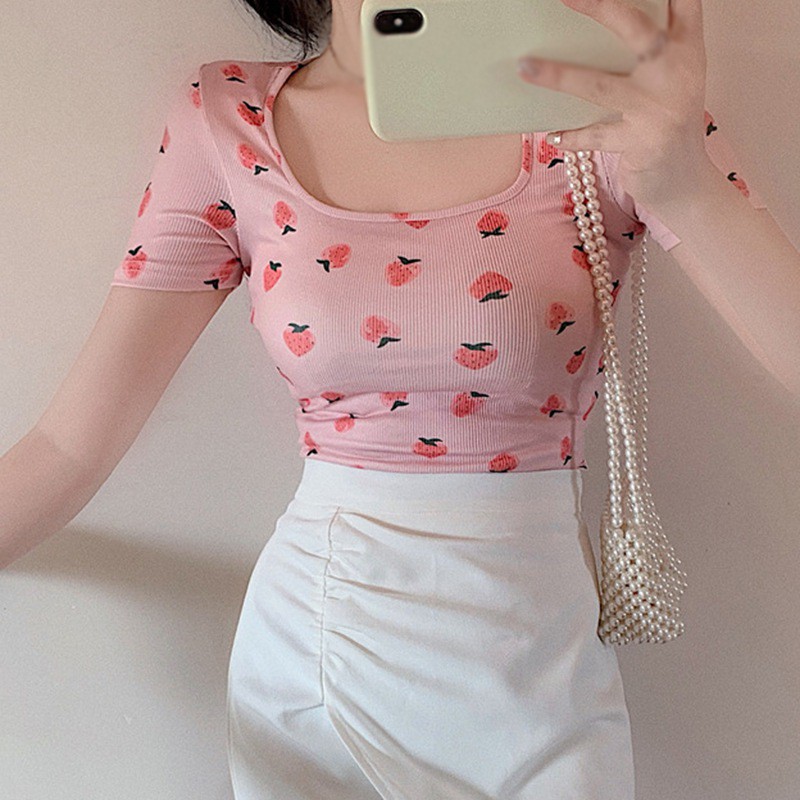 Áo Thun Nữ Ngắn Tay Cổ Vuông Hở Eo Quyến Rũ