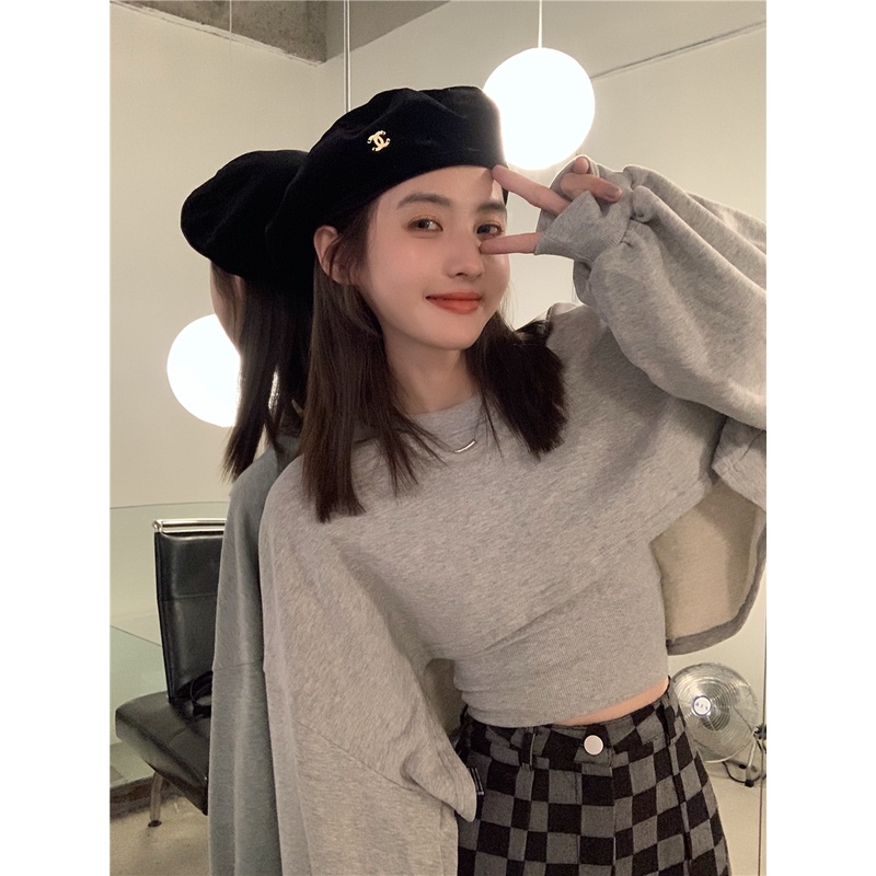 Set Áo Croptop Rộng Tay Dài Màu Trơn + Áo Hai Dây 2 Màu Tùy Chọn Thời Trang Hàn Quốc Cho Nữ