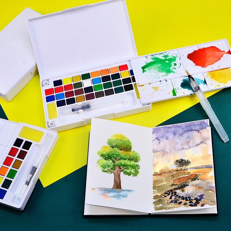 Bộ Màu Nước Dạng Nén Solid Water Color Tặng Kèm 2 Bút Nước, 2 Mút, 1 Palette - 24 Màu