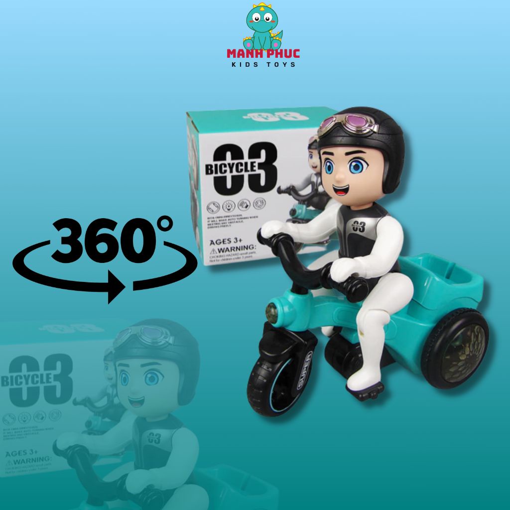 Đồ chơi cậu bé shoper đi xe đạp, bốc đầu xoay 360 độ, chạy pin có đèn có nhạc vui nhộn cho bé, không kèm pin.