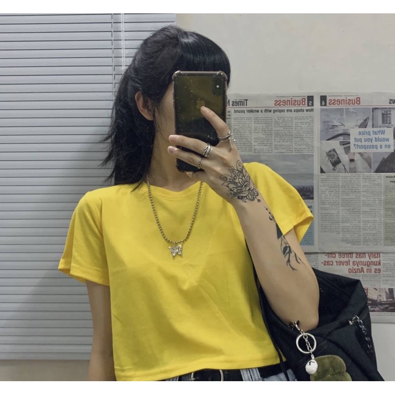 Áo croptop ngắn tay màu vàng tươi (hàng có sẵn)