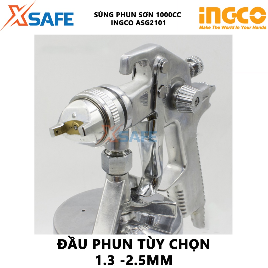 Súng phun sơn INGCO ASG2101 Máy phun sơn đầu phun tiêu chuẩn 1.4mm, dung tích bình sơn 1000cc, đầu phun 1.3-2.5mm