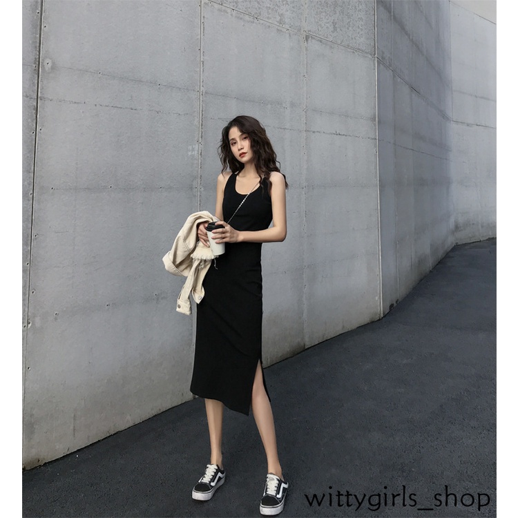 Wittygirls-đầm Dài Hai Dây Xẻ Tà Bên Ngoài Cửa Hàng_Mid Thời Trang Mùa Hè Cho Nữ