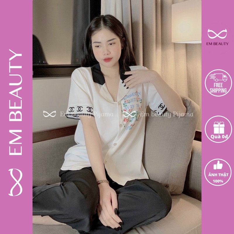 Pijama lụa EMBEAUTY đồ ngủ nữ, mặc nhà họa tiết tay cộc quần dài Latin cao cấp Freesize xinh xắn