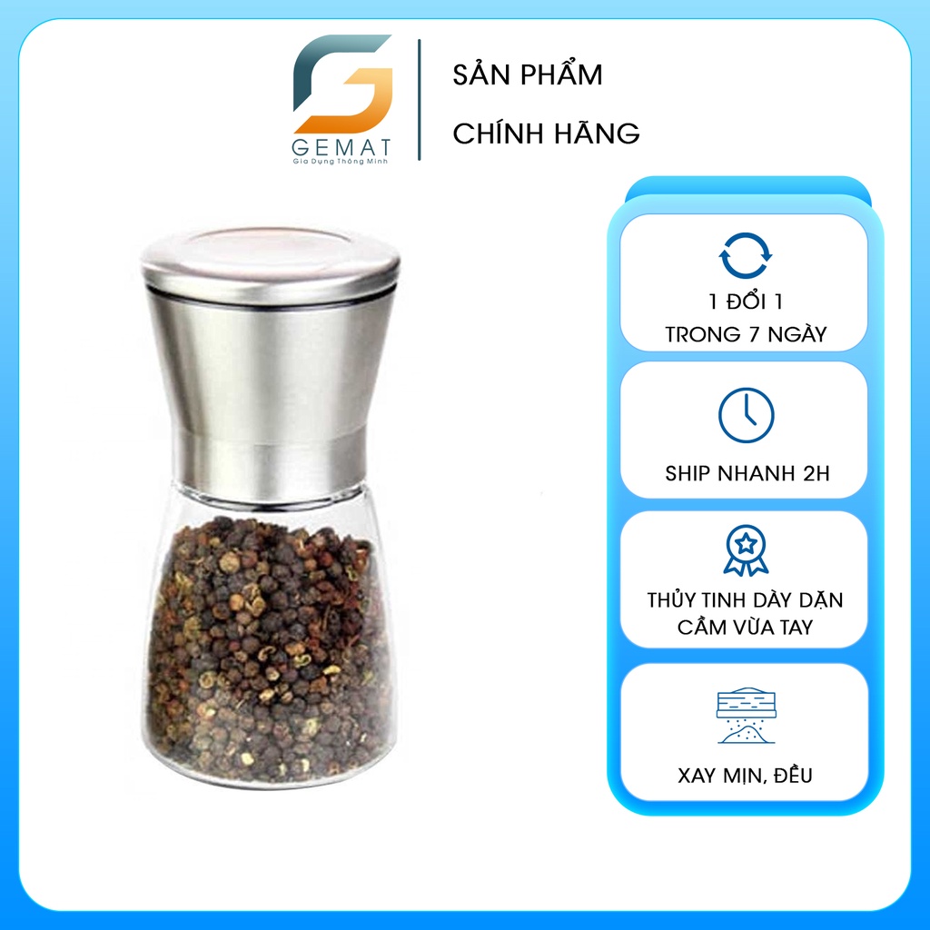 Cối xay tiêu cầm tay Inox 304, thân thủy tinh cao cấp