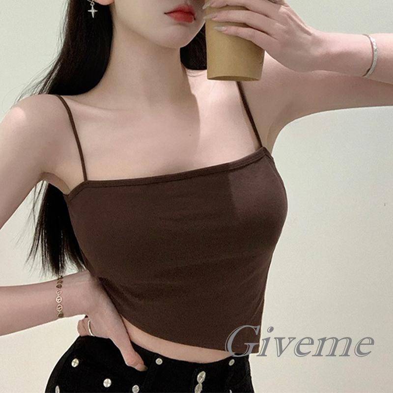 Áo Hai Dây Spaghetti Ngắn Màu Trơn Có Đệm Ngực Cho Nữ Giới Màu Trắng / Đen / Cà Phê Đậm