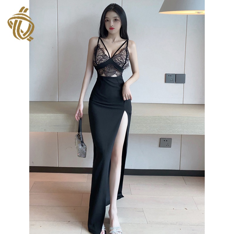 Đầm Hai Dây Dáng Ôm Dài Phối Ren Xẻ Tà Thời Trang Mùa Hè Kiểu Mới Quyến Rũ Cho Nữ