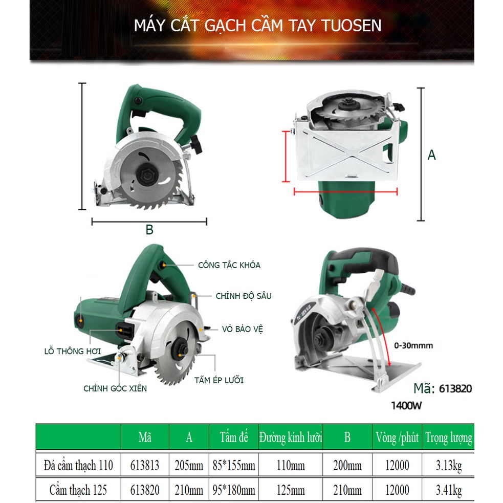 Máy cắt gạch cầm tay TUOSEN 1200W và 1400W (chuyên cắt sắt, cắt nhôm, cắt gạch, mài góc, cắt đá hoa cương)