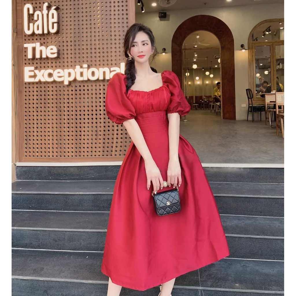 [Đầm Mới] Đầm Nữ Dự Tiệc Tay Phồng Cotton Lạnh Phối Tơ Sống Thời Trang Nữ Sam Closet Free Size 40-55kg