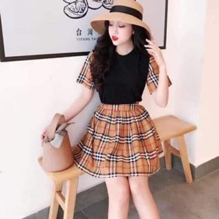 [ TOP1 ] Sét váy + áo phối kẻ K&T COTTON THO