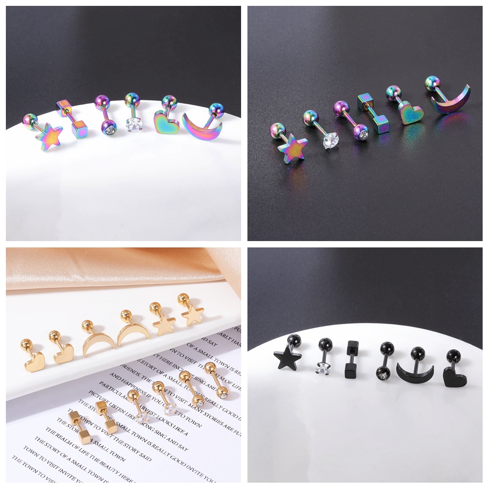 Set 8-22 Khuyên Tai Thép Không Gỉ Hình Ngôi Sao, Trái Tim, Mặt Trăng