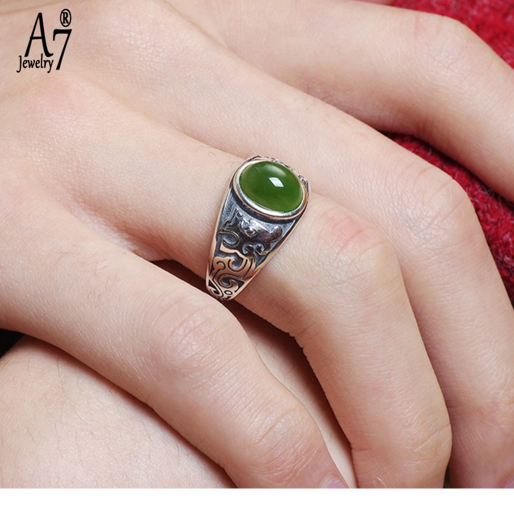 Nhẫn Mạ Bạc 925 Đính Ngọc Lục Bảo Cỡ A7 Thời Trang Cho Nam